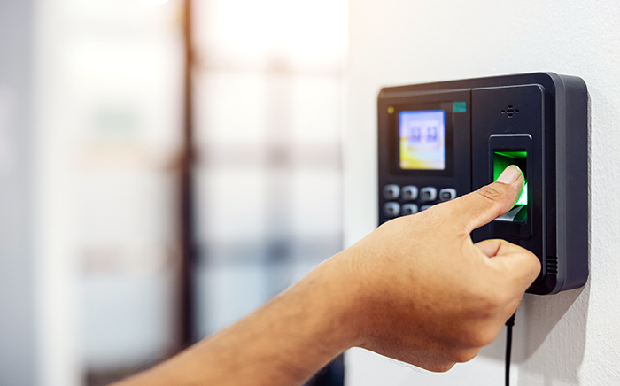 Finger print scan, Male employees press sensors to record compan Finger print scan, Male employees press sensors to record company attendance time and after work, Time Recorder Attendance - Out work, Encryption for identity verification or electronic signing
