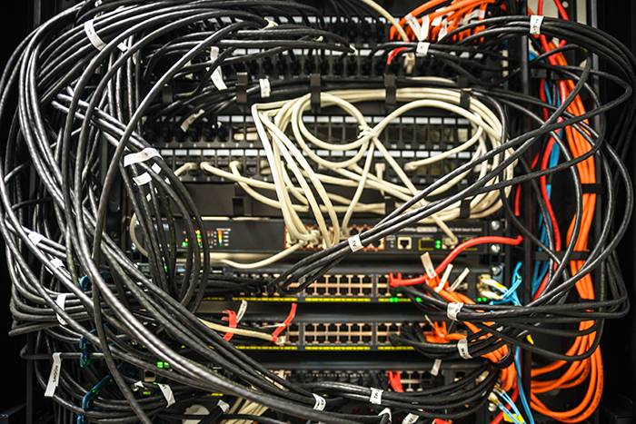 Working network hardware Working network hardware in a mess. Labels with port numbers on wires